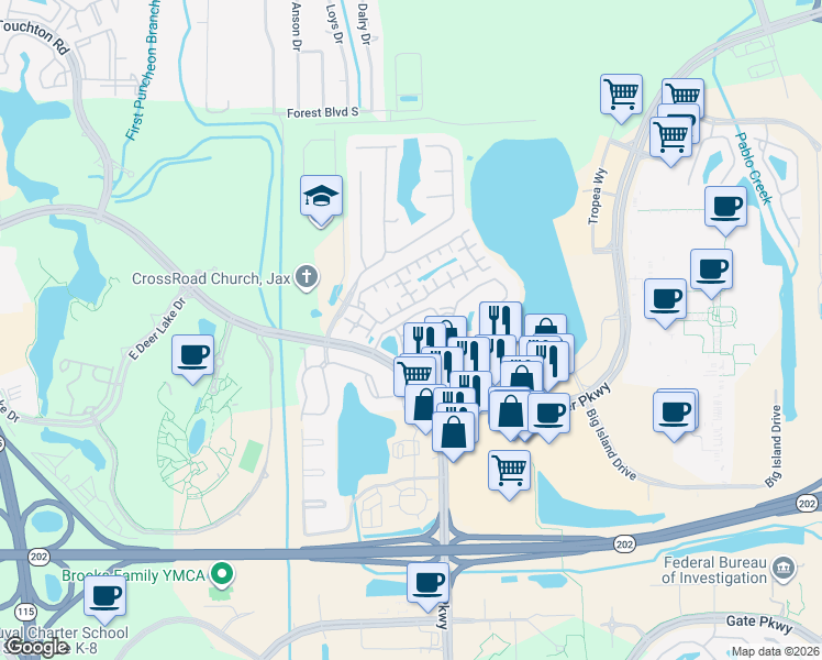 map of restaurants, bars, coffee shops, grocery stores, and more near 10135 Gate Parkway North in Jacksonville