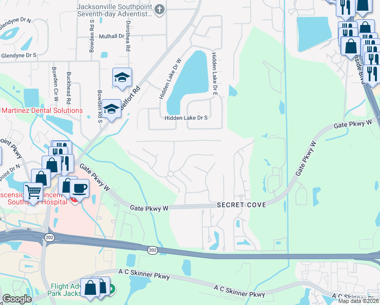 map of restaurants, bars, coffee shops, grocery stores, and more near 8342 Hedgewood Drive in Jacksonville