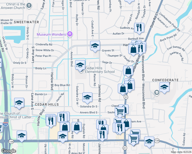 map of restaurants, bars, coffee shops, grocery stores, and more near 4434 Rainer Road in Jacksonville
