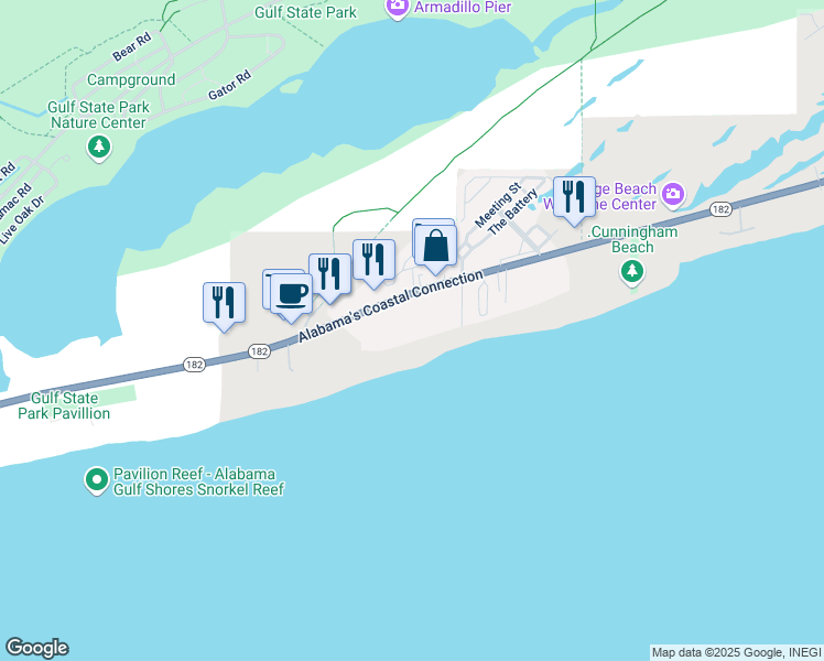 map of restaurants, bars, coffee shops, grocery stores, and more near 23094 Alabama 182 in Orange Beach