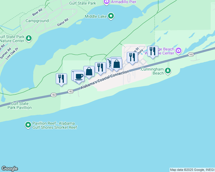 map of restaurants, bars, coffee shops, grocery stores, and more near 23094 Alabama 182 in Orange Beach