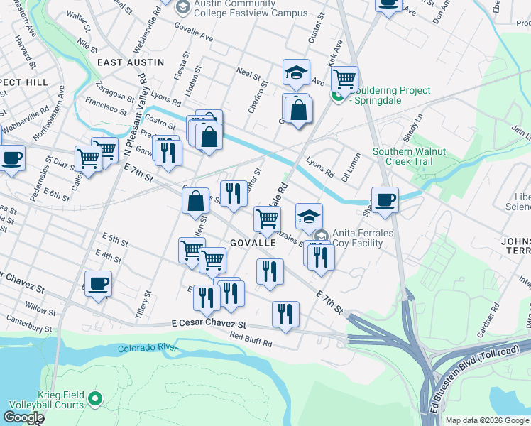 map of restaurants, bars, coffee shops, grocery stores, and more near 750 Springdale Road in Austin