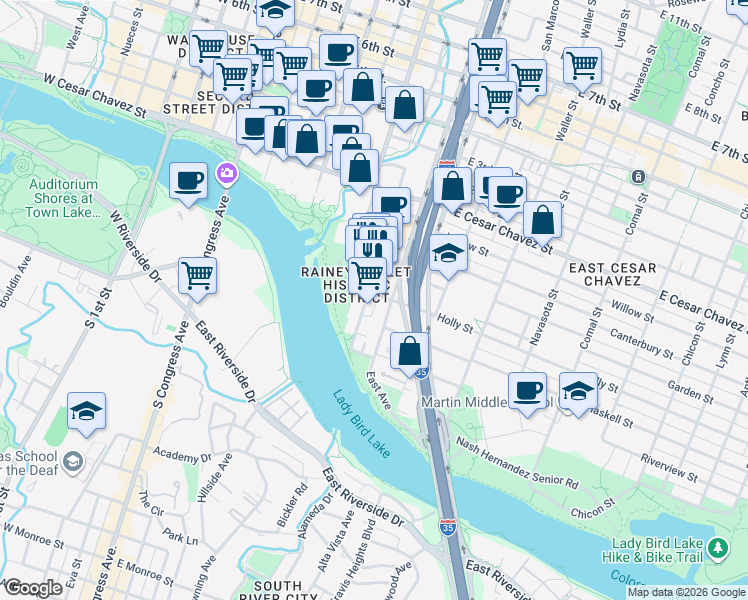 map of restaurants, bars, coffee shops, grocery stores, and more near 69 Rainey Street in Austin