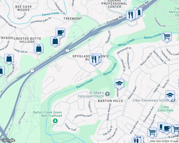 map of restaurants, bars, coffee shops, grocery stores, and more near 1731 Spyglass Drive in Austin