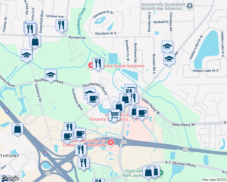 map of restaurants, bars, coffee shops, grocery stores, and more near 4101 Southpoint Drive East in Jacksonville