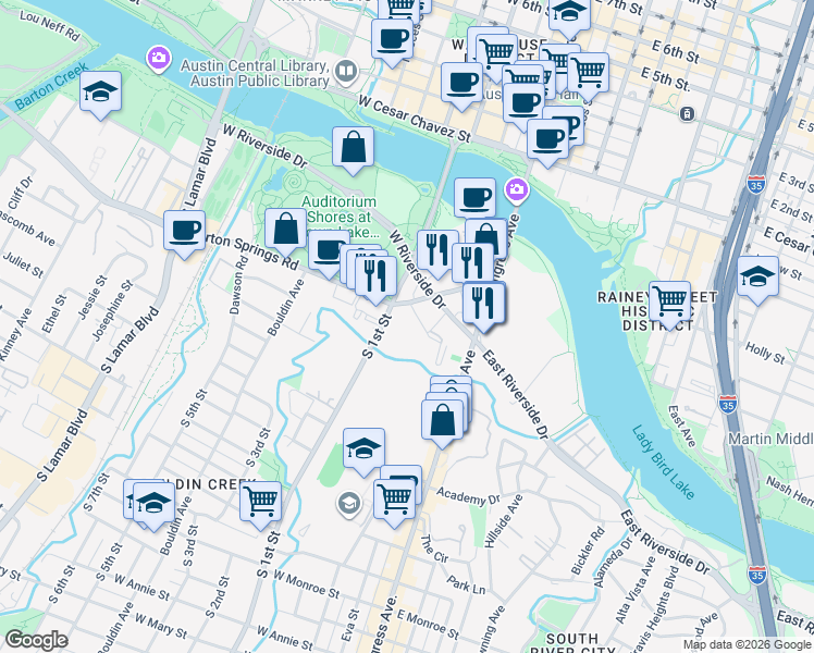 map of restaurants, bars, coffee shops, grocery stores, and more near 505 Barton Springs Road in Austin