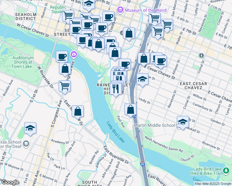 map of restaurants, bars, coffee shops, grocery stores, and more near in Austin