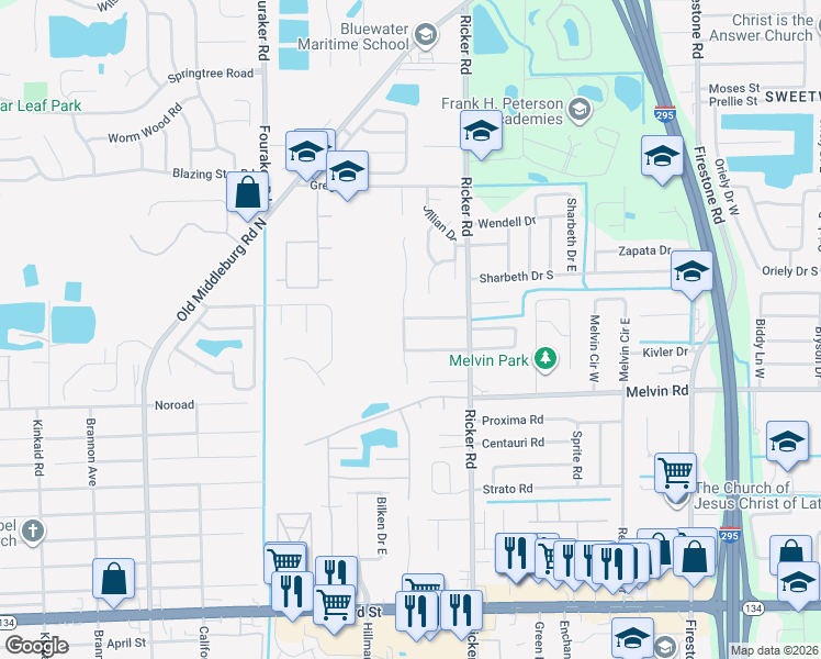 map of restaurants, bars, coffee shops, grocery stores, and more near 4459 Melissa Court West in Jacksonville