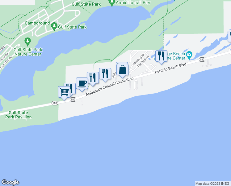 map of restaurants, bars, coffee shops, grocery stores, and more near 23094 Alabama 182 in Orange Beach