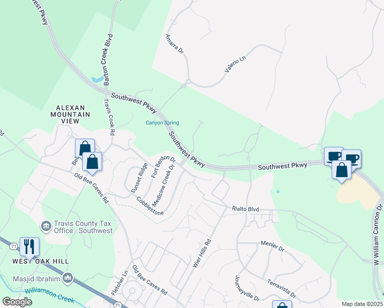 map of restaurants, bars, coffee shops, grocery stores, and more near 8200 Southwest Parkway in Austin