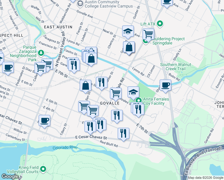 map of restaurants, bars, coffee shops, grocery stores, and more near 3524 Gonzales Street in Austin