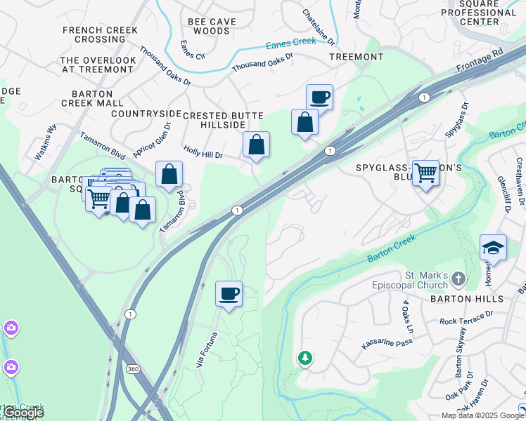 map of restaurants, bars, coffee shops, grocery stores, and more near 2835 1/2 Bartons Bluff Lane in Austin