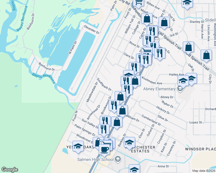 map of restaurants, bars, coffee shops, grocery stores, and more near 162 Southpark Drive in Slidell