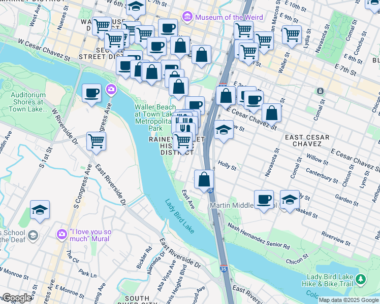 map of restaurants, bars, coffee shops, grocery stores, and more near 69 Rainey Street in Austin