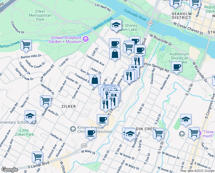 map of restaurants, bars, coffee shops, grocery stores, and more near in Austin