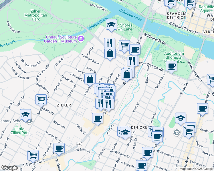 map of restaurants, bars, coffee shops, grocery stores, and more near 811 Jessie Street in Austin