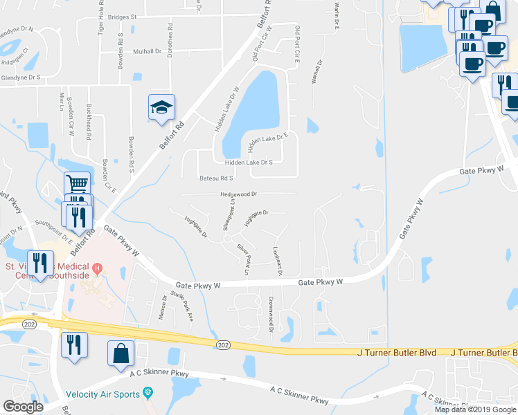 map of restaurants, bars, coffee shops, grocery stores, and more near 8342 Hedgewood Drive in Jacksonville