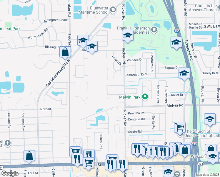 map of restaurants, bars, coffee shops, grocery stores, and more near 4449 Melissa Court North in Jacksonville