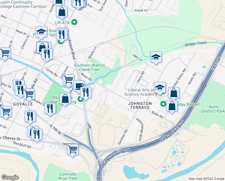 map of restaurants, bars, coffee shops, grocery stores, and more near 1102 Walton Lane in Austin