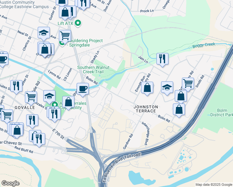 map of restaurants, bars, coffee shops, grocery stores, and more near 1102 Walton Lane in Austin