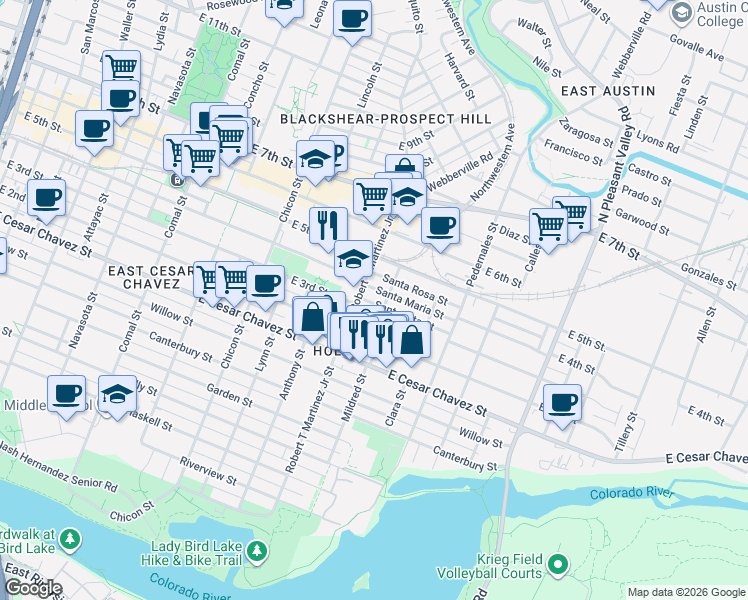 map of restaurants, bars, coffee shops, grocery stores, and more near 2209 Santa Maria Street in Austin