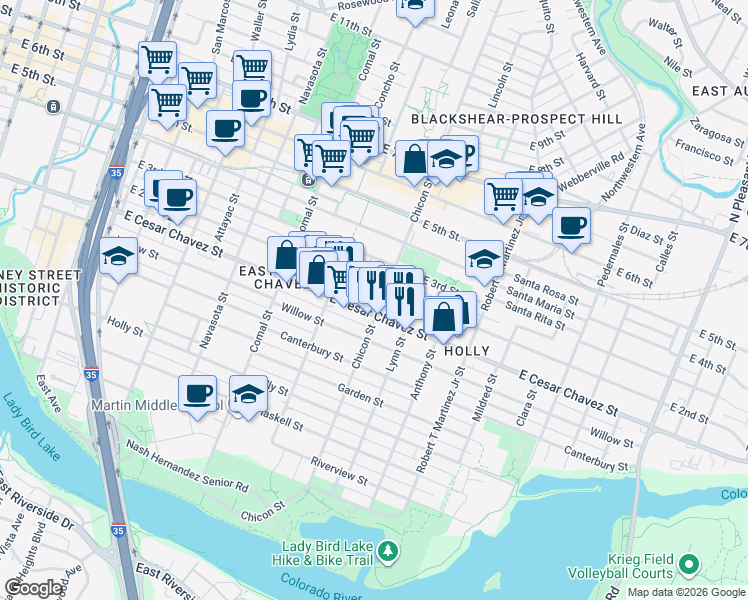map of restaurants, bars, coffee shops, grocery stores, and more near 1801 East 2nd Street in Austin