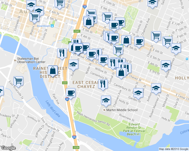 map of restaurants, bars, coffee shops, grocery stores, and more near 1211 Canterbury Street in Austin