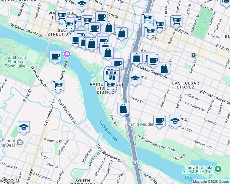 map of restaurants, bars, coffee shops, grocery stores, and more near 69 Rainey Street in Austin