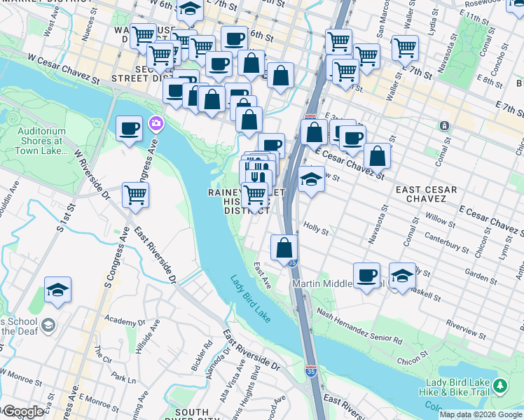 map of restaurants, bars, coffee shops, grocery stores, and more near 69 Rainey Street in Austin