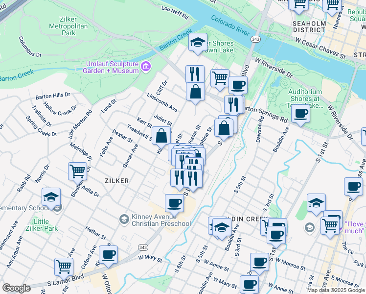 map of restaurants, bars, coffee shops, grocery stores, and more near in Austin
