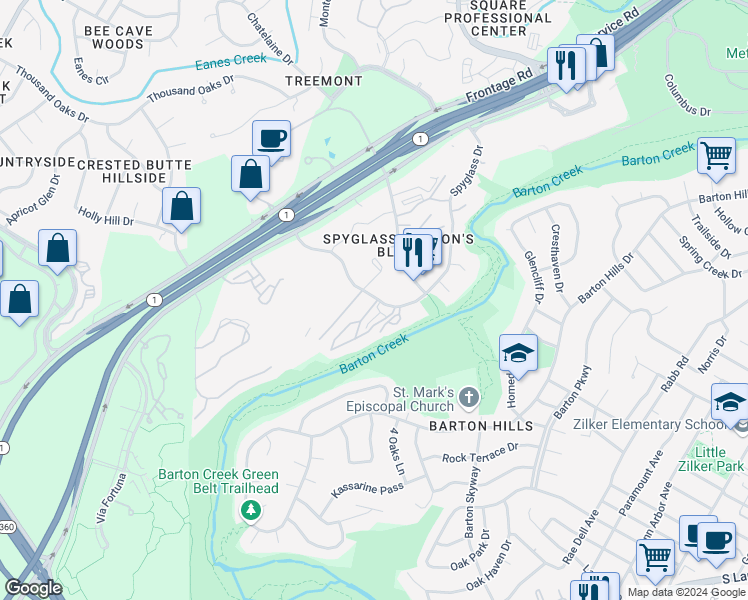 map of restaurants, bars, coffee shops, grocery stores, and more near 1731 Spyglass Drive in Austin