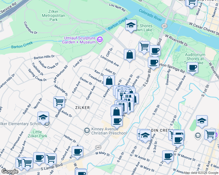 map of restaurants, bars, coffee shops, grocery stores, and more near Kinney Ave & Treadwell St in Austin