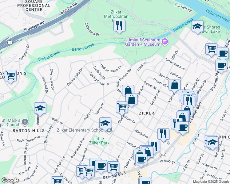 map of restaurants, bars, coffee shops, grocery stores, and more near 1401 Rabb Road in Austin