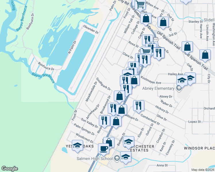 map of restaurants, bars, coffee shops, grocery stores, and more near 166 Southpark Drive in Slidell