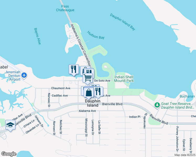 map of restaurants, bars, coffee shops, grocery stores, and more near 912 De Soto Ave in Dauphin Island