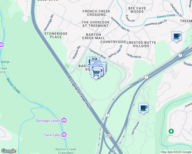 map of restaurants, bars, coffee shops, grocery stores, and more near 2901 South Capital of Texas Highway in Austin