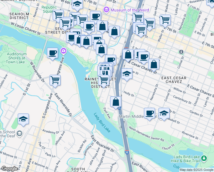 map of restaurants, bars, coffee shops, grocery stores, and more near 69 Rainey Street in Austin