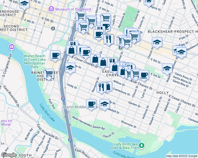 map of restaurants, bars, coffee shops, grocery stores, and more near 1400 Canterbury Street in Austin