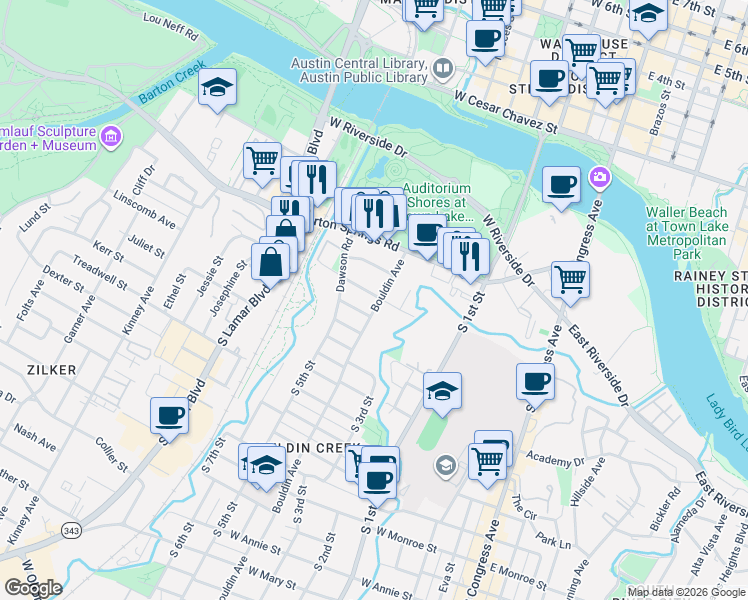 map of restaurants, bars, coffee shops, grocery stores, and more near 901 Post Oak Street in Austin