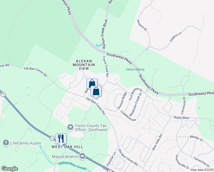map of restaurants, bars, coffee shops, grocery stores, and more near 5611 Travis Cook Road in Austin