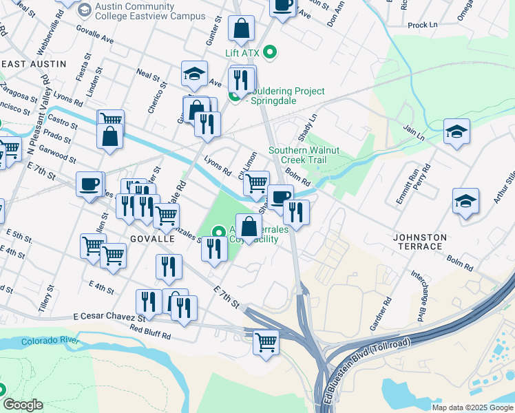 map of restaurants, bars, coffee shops, grocery stores, and more near 915b Shady Lane in Austin