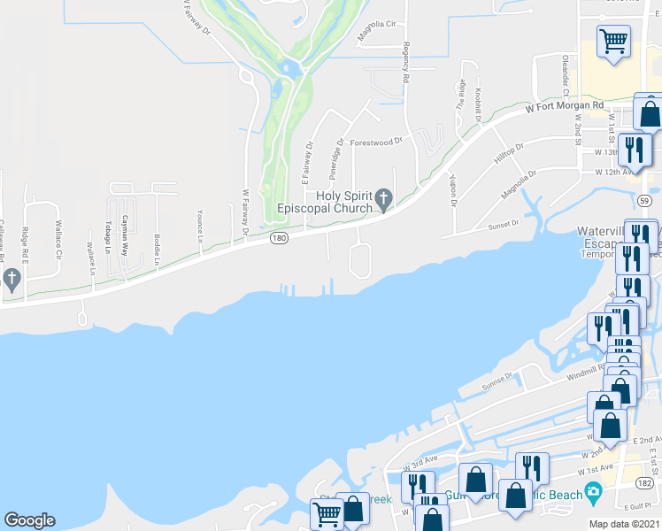 map of restaurants, bars, coffee shops, grocery stores, and more near 645 West Fort Morgan Road in Gulf Shores