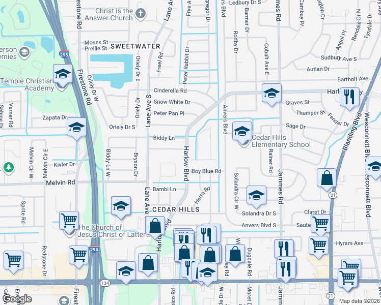 map of restaurants, bars, coffee shops, grocery stores, and more near 4403 Harlow Boulevard in Jacksonville