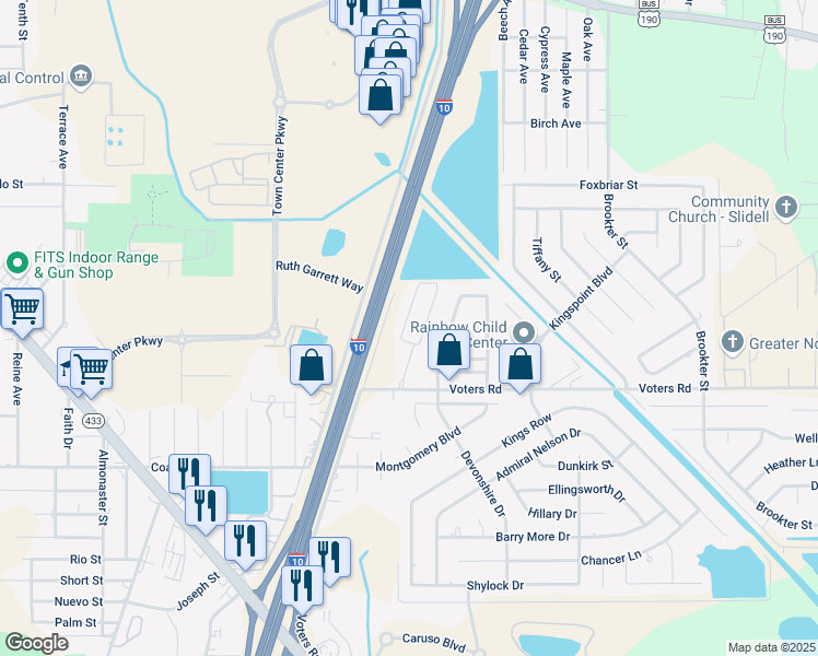 map of restaurants, bars, coffee shops, grocery stores, and more near 299 Bella Sera Lane in Slidell