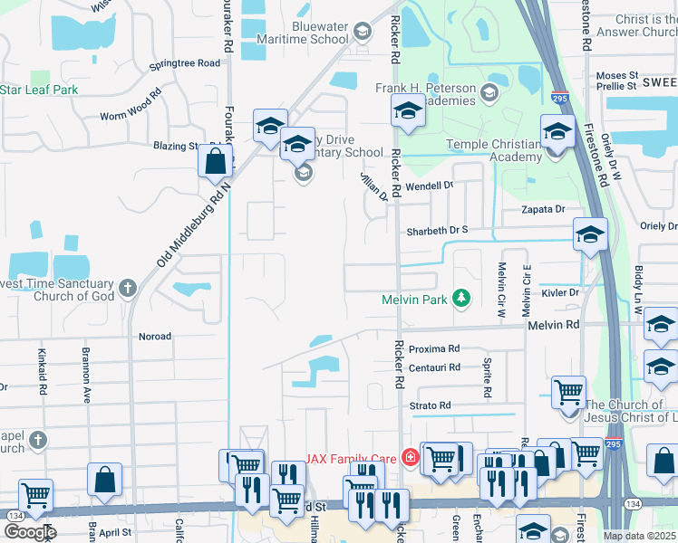 map of restaurants, bars, coffee shops, grocery stores, and more near 4458 Melissa Court West in Jacksonville