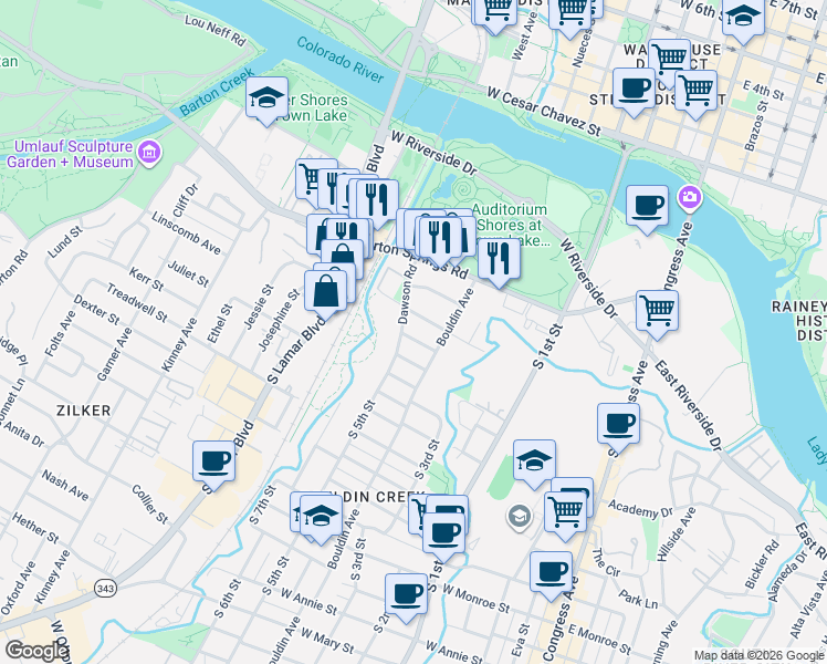 map of restaurants, bars, coffee shops, grocery stores, and more near 912 Retama Street in Austin