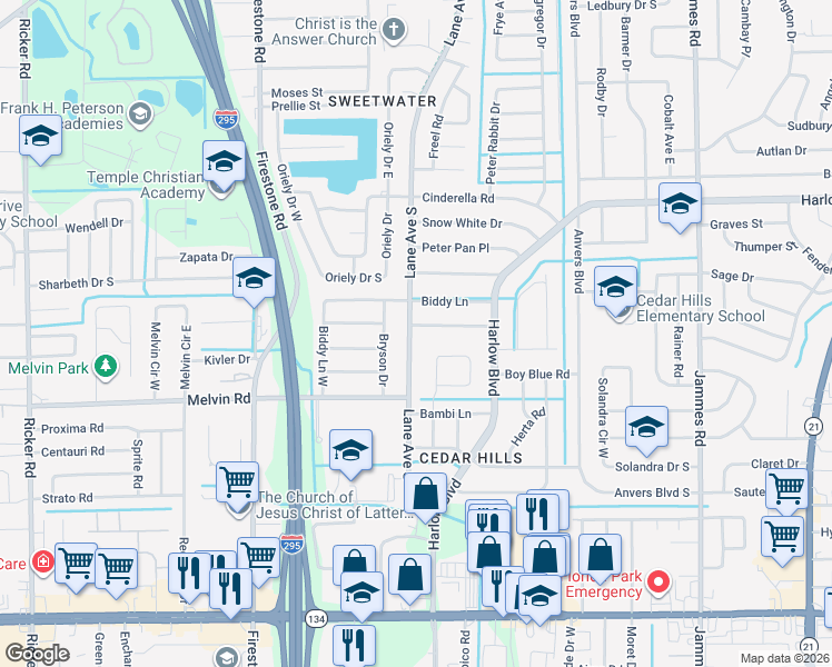 map of restaurants, bars, coffee shops, grocery stores, and more near 6866 Mother Goose Road in Jacksonville