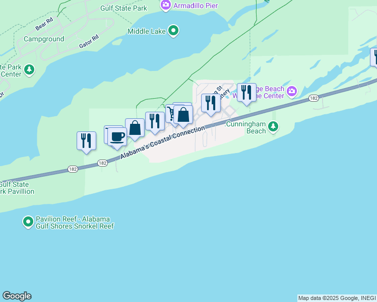 map of restaurants, bars, coffee shops, grocery stores, and more near 2295 Beers Lane in Orange Beach
