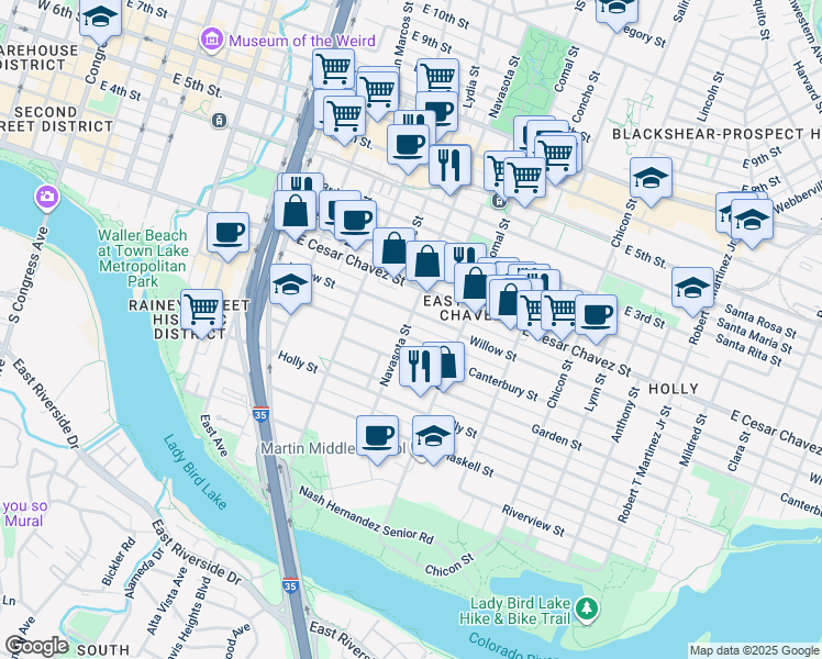 map of restaurants, bars, coffee shops, grocery stores, and more near 1400 Canterbury Street in Austin