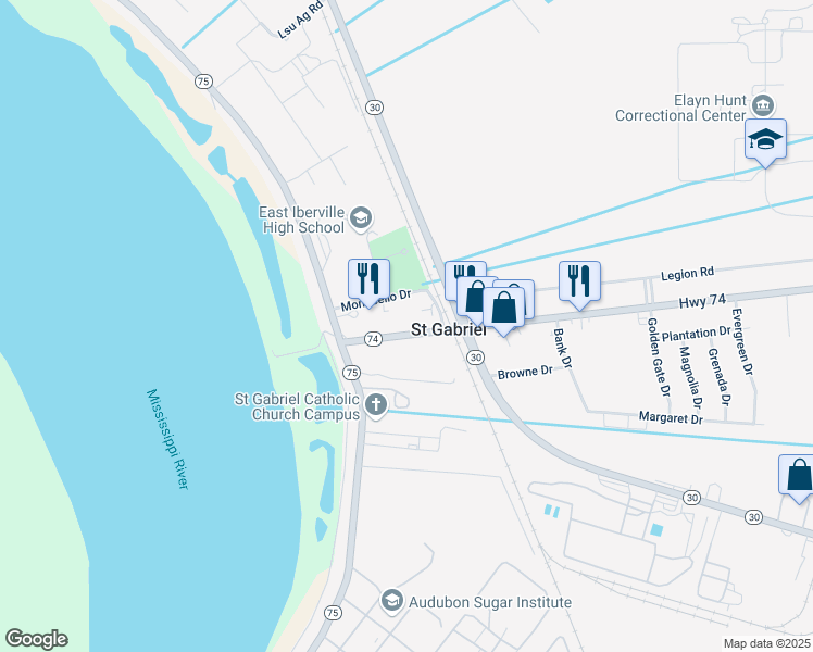 map of restaurants, bars, coffee shops, grocery stores, and more near 5875 Louisiana 74 in Saint Gabriel